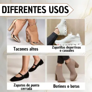 Cuatro tipos de zapatos de mujer: tacones altos dorados, zapatillas deportivas blancas, zapatos planos negros y botines beige.